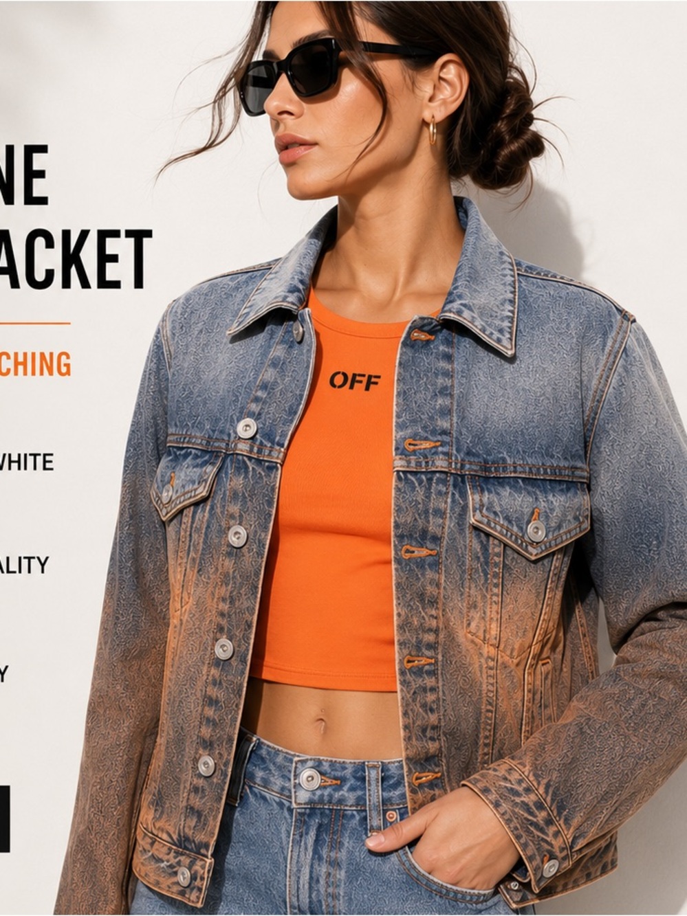 Off-White Two-Tone Denim Jacket with Orange Stitching